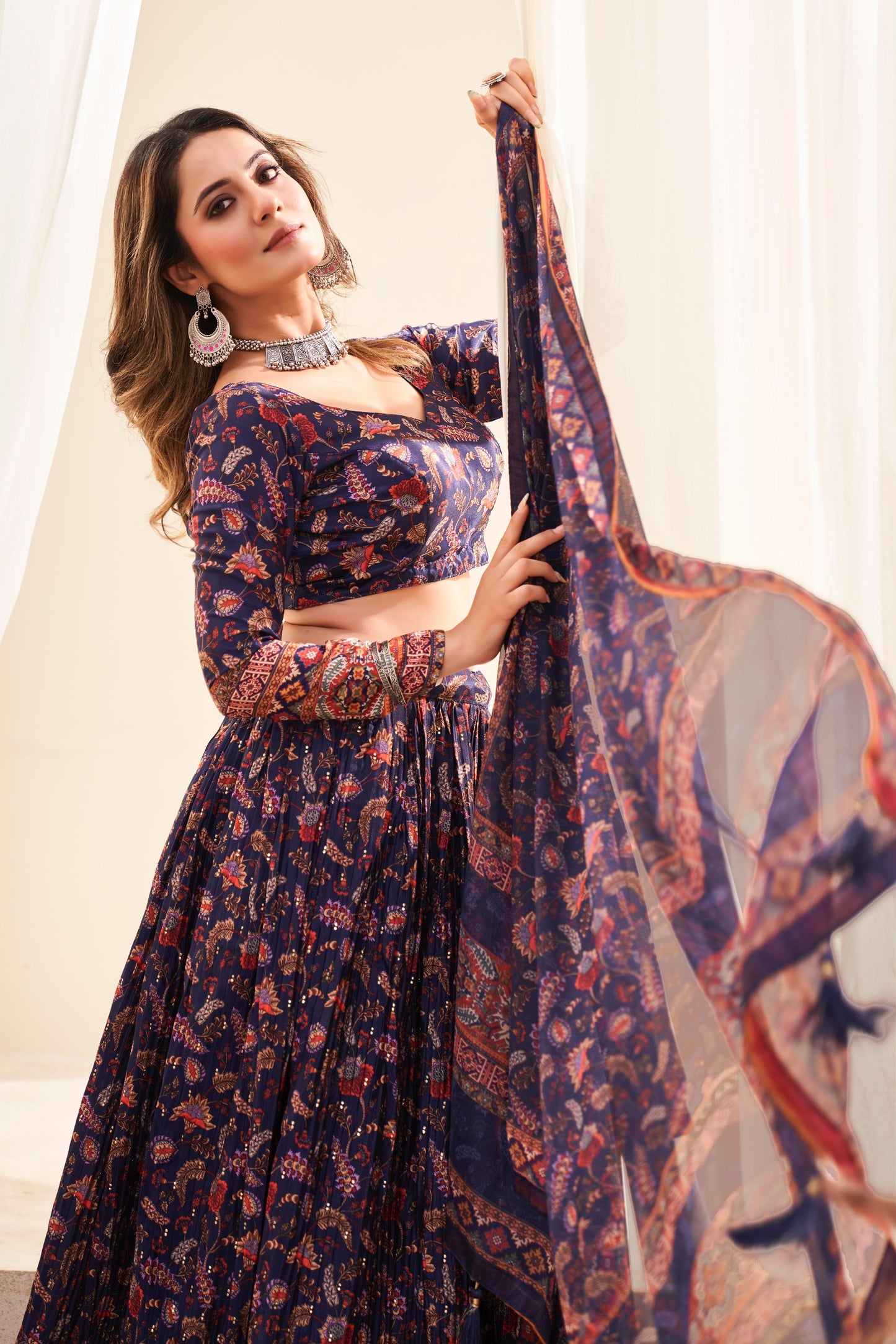 Ziyana – Crush Chinon Printed Lehenga with Mukesh Work