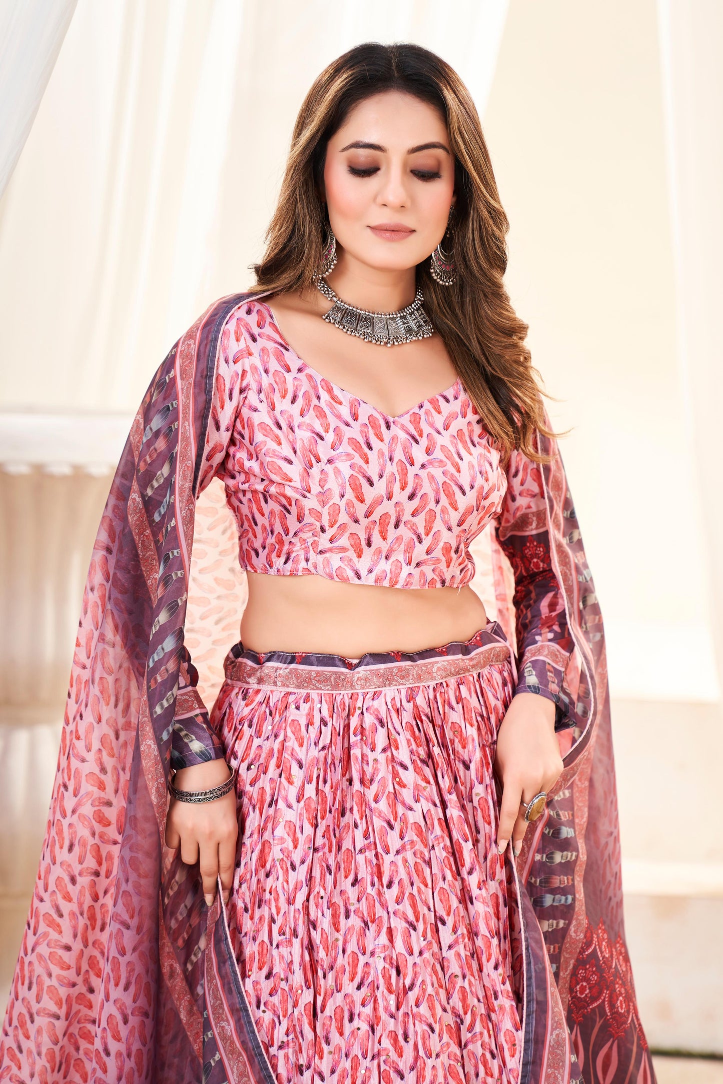 Ziyana – Crush Chinon Printed Lehenga with Mukesh Work