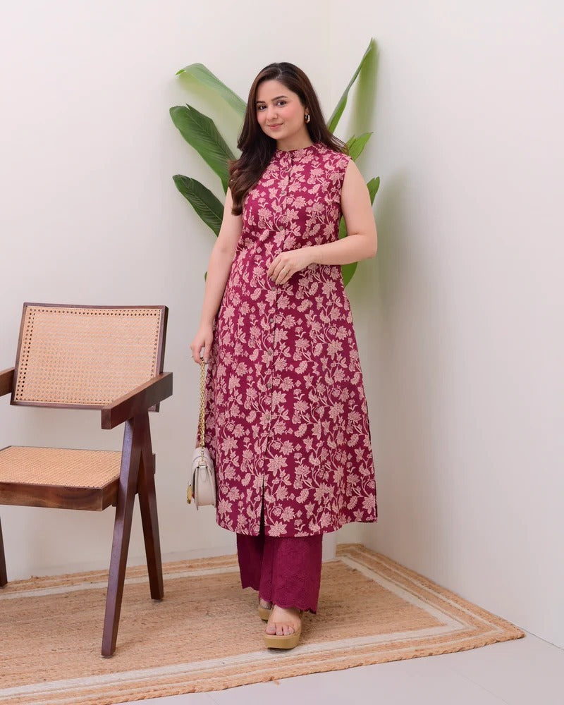 Elora Luxe – Sleeveless Printed Cotton Kurti Set