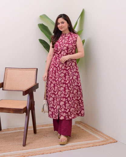 Elora Luxe – Sleeveless Printed Cotton Kurti Set