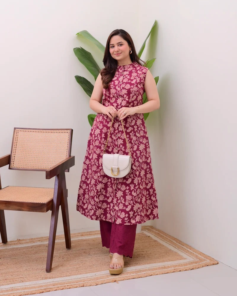 Elora Luxe – Sleeveless Printed Cotton Kurti Set