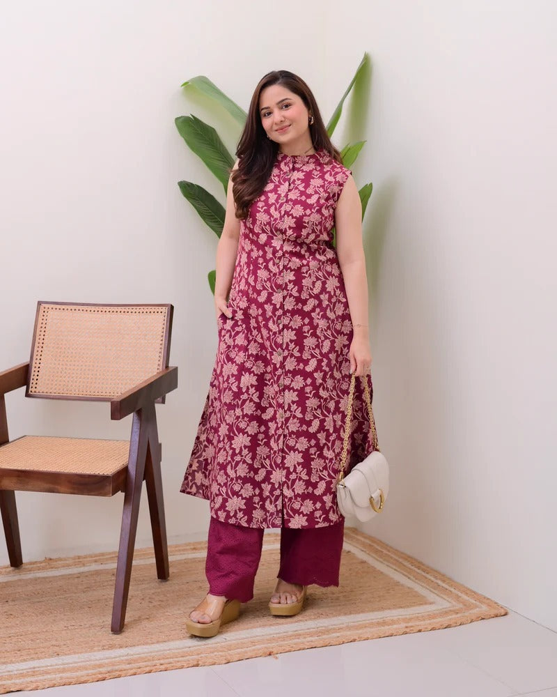 Elora Luxe – Sleeveless Printed Cotton Kurti Set