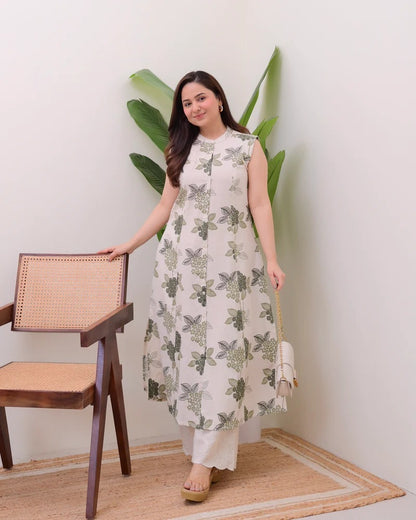 Elora Luxe – Sleeveless Printed Cotton Kurti Set