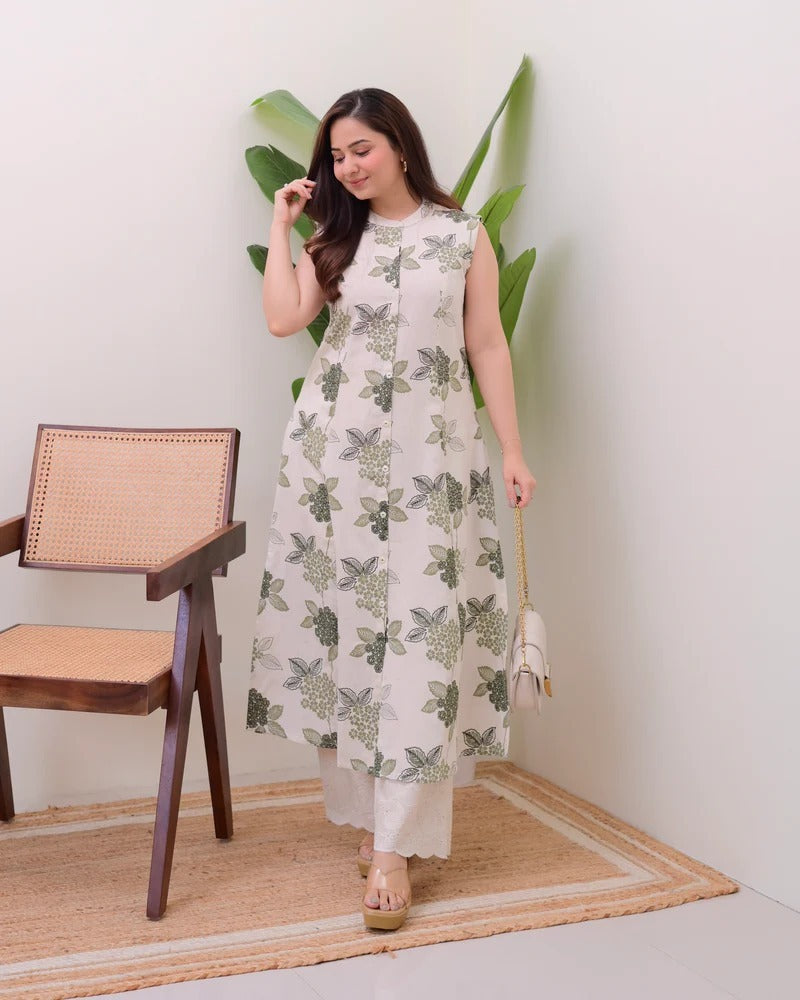 Elora Luxe – Sleeveless Printed Cotton Kurti Set