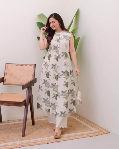 Elora Luxe – Sleeveless Printed Cotton Kurti Set