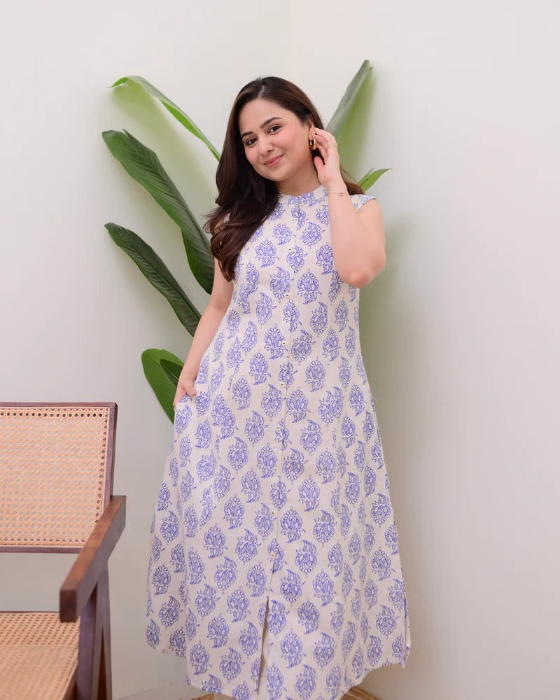 Elora Luxe – Sleeveless Printed Cotton Kurti Set