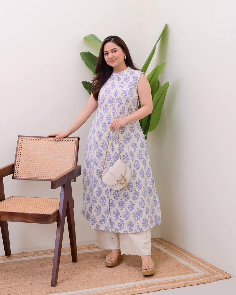 Elora Luxe – Sleeveless Printed Cotton Kurti Set