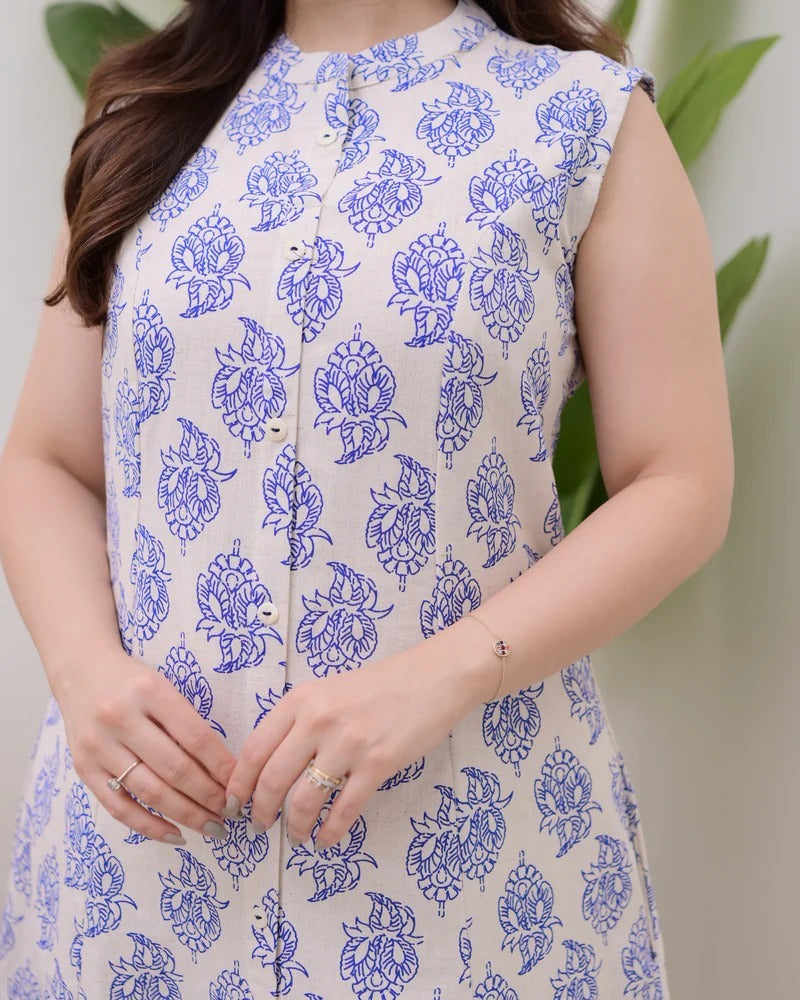 Elora Luxe – Sleeveless Printed Cotton Kurti Set