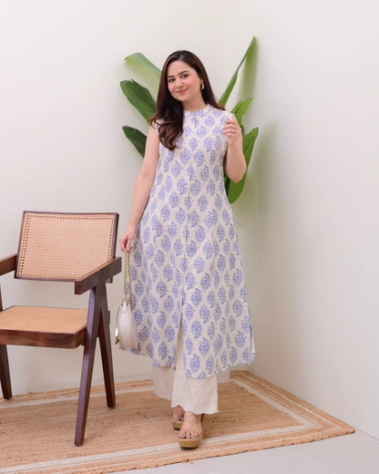 Elora Luxe – Sleeveless Printed Cotton Kurti Set