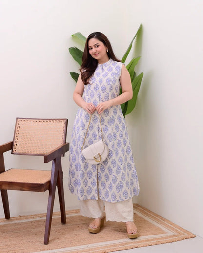 Elora Luxe – Sleeveless Printed Cotton Kurti Set