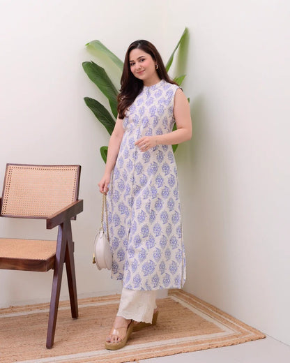 Elora Luxe – Sleeveless Printed Cotton Kurti Set