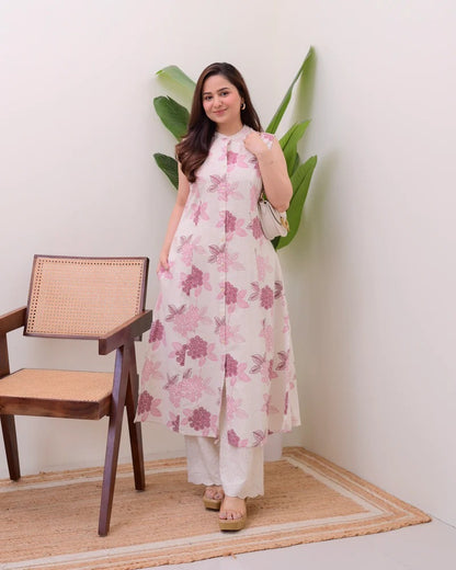 Elora Luxe – Sleeveless Printed Cotton Kurti Set