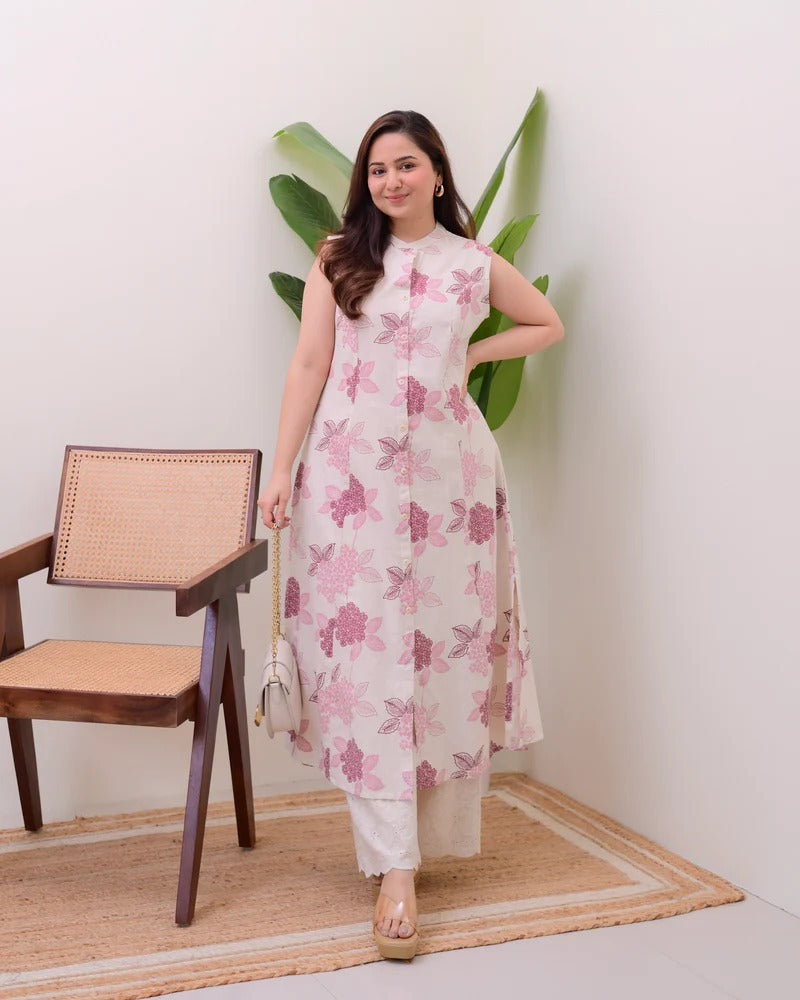 Elora Luxe – Sleeveless Printed Cotton Kurti Set