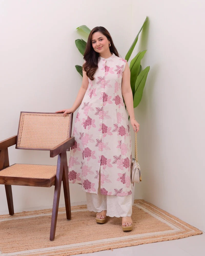 Elora Luxe – Sleeveless Printed Cotton Kurti Set
