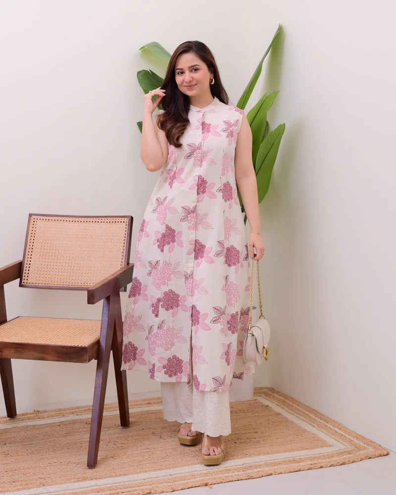 Elora Luxe – Sleeveless Printed Cotton Kurti Set