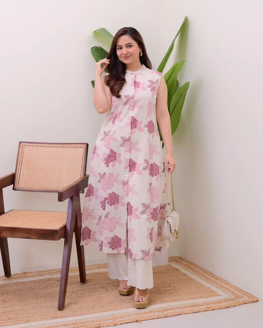 Elora Luxe – Sleeveless Printed Cotton Kurti Set