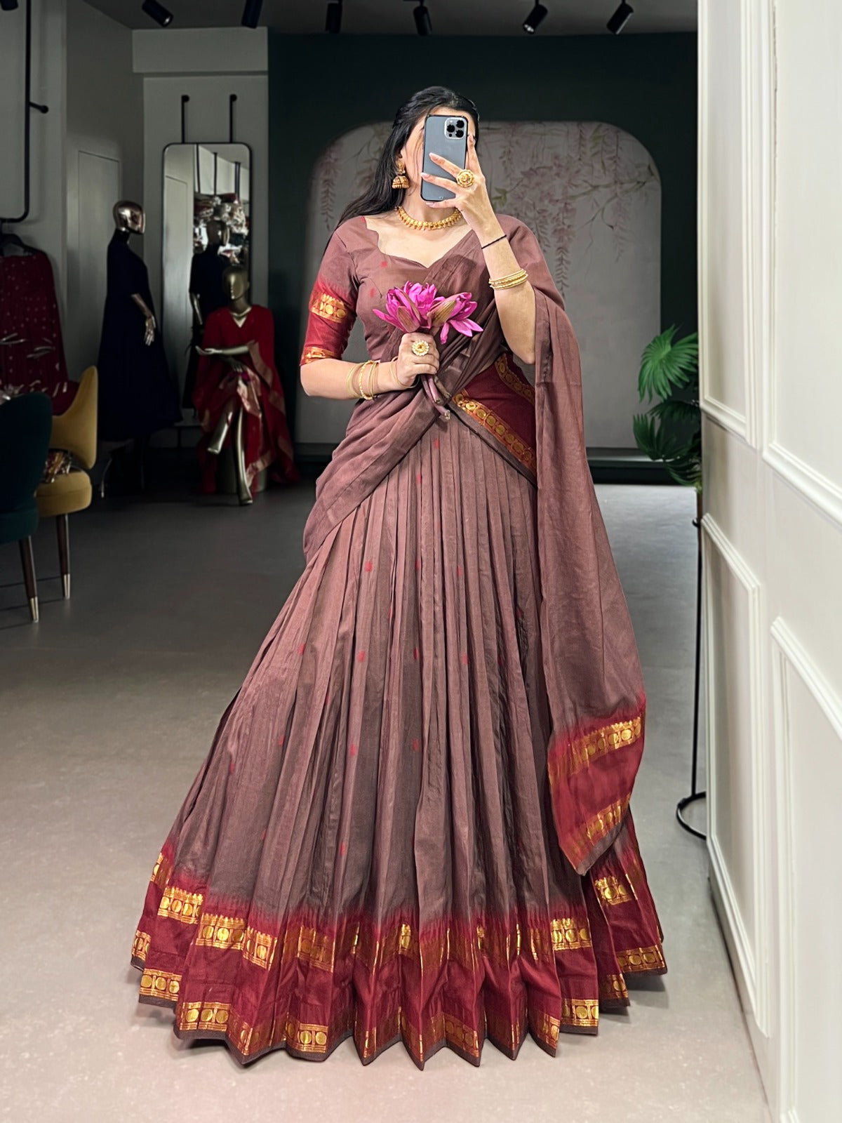 Elegant Chanderi Cotton Half Saree Lehenga Choli