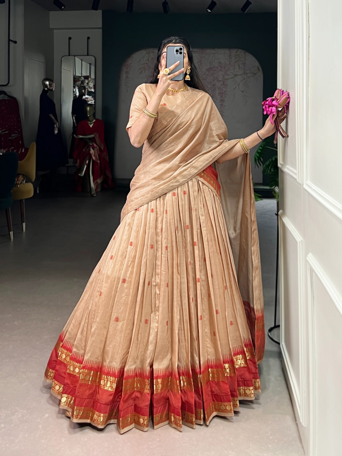 Elegant Chanderi Cotton Half Saree Lehenga Choli