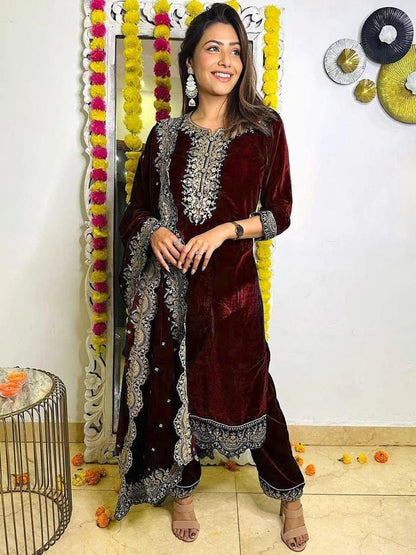 ROYAL VELVET EMBROIDERED KURTI–PLAZZO–DUPATTA SET
