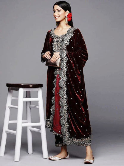 ROYAL VELVET EMBROIDERED KURTI–PLAZZO–DUPATTA SET