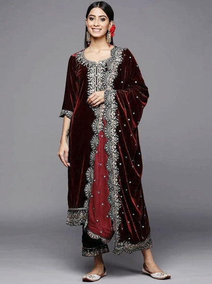 ROYAL VELVET EMBROIDERED KURTI–PLAZZO–DUPATTA SET