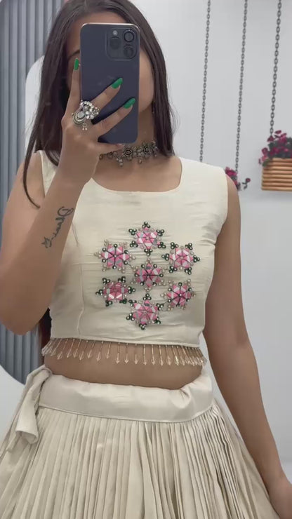 Aarvi – Handcrafted Ivory Tissue Crop Top Lehenga Set